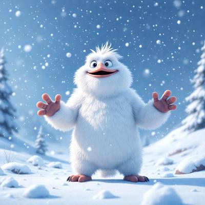 The image features a large, white, fluffy creature standing in a snowy environment. The creature appears to be a snowman, with its arms and legs spread wide. The snowman is the primary subject of the image, and its presence in the snowy landscape creates a wintry atmosphere. The visual style of the image is a combination of photo and digital art, giving it a unique and creative appearance.